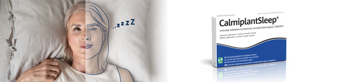Afbeelding waarbij de linkerhelft een vrouw is in bed met haar ogen open en de rechterhelft een getekende vrouw die aan het slapen is. Rechts daarvan een packshot van CalmiplantSleep