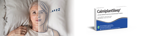Afbeelding waarbij de linkerhelft een vrouw is in bed met haar ogen open en de rechterhelft een getekende vrouw die aan het slapen is. Rechts daarvan een packshot van CalmiplantSleep